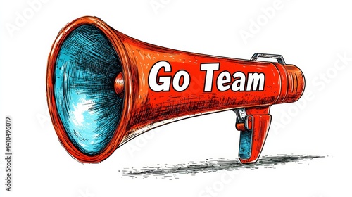 Cheerful megaphone with 'Go Team' slogan, colorful design, white isolated background.