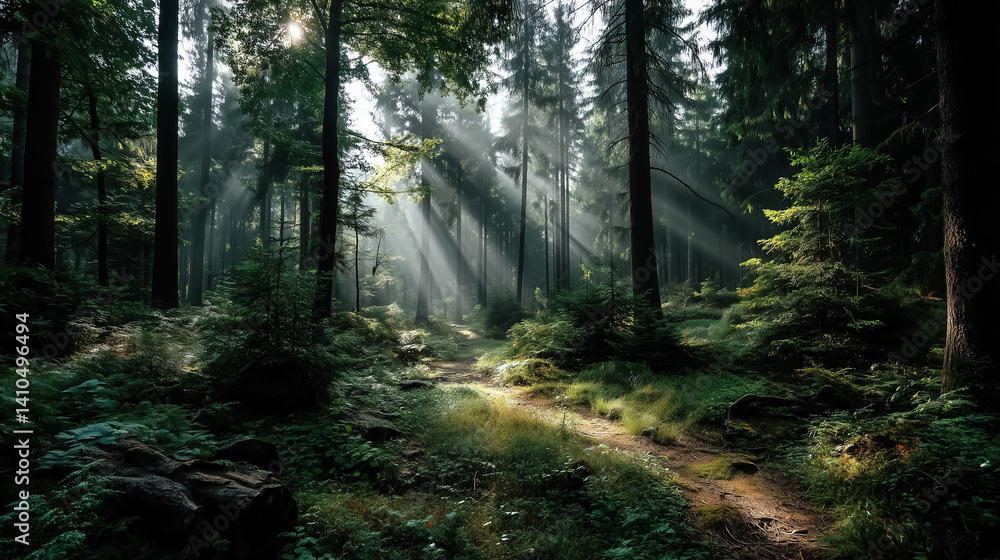 Obraz premium Sun rays shining through tall summer forest trees, soft mist and deep greens, calm and immersive nature