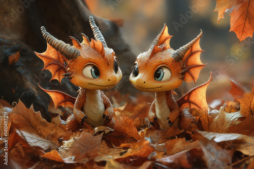 Two little dragons sit on leaves in the fall, one red and one green, surrounded by vibrant autumn colors.