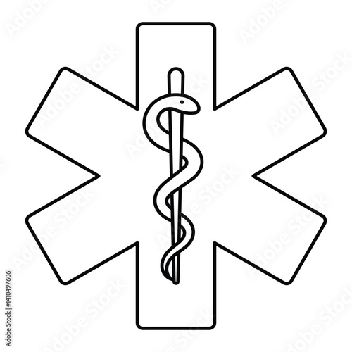 Star of Life vector illustration. Hand-drawn doodle style medical symbol with Rod of Asclepius. Black line art isolated on white background.