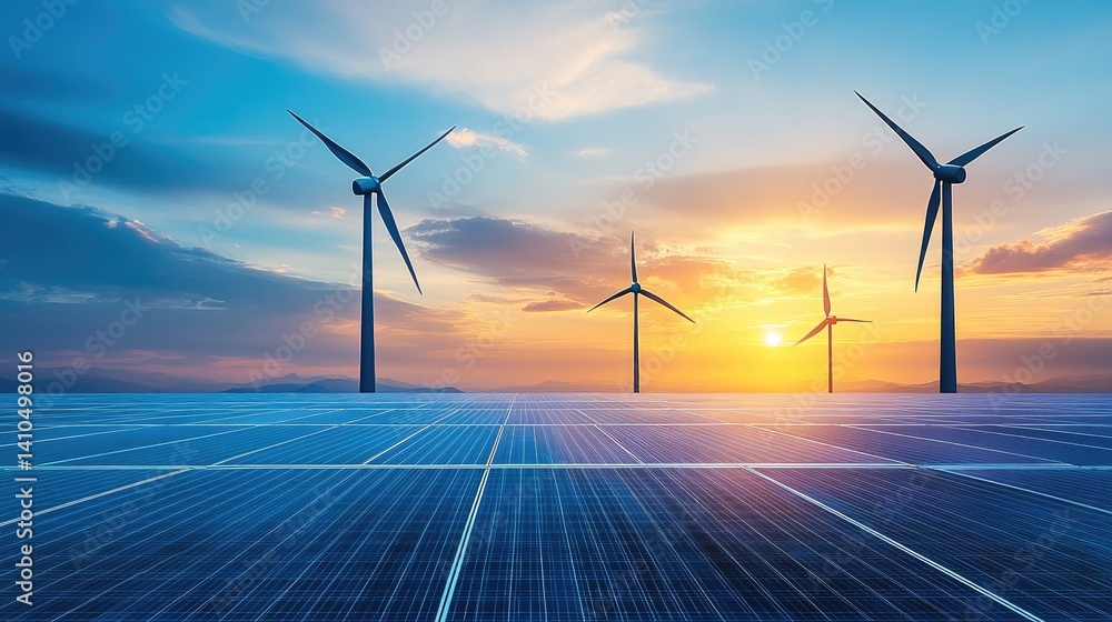 Sunrise over wind turbines and solar panels. Sunrise over wind turbines and solar panels.