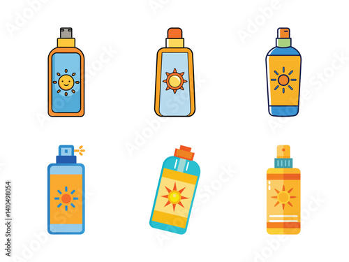 Summer sunscreen spray and lotion bottles silhouette isolated on white background