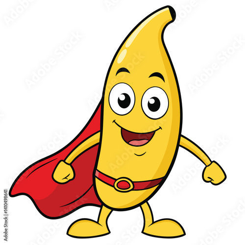 Smiling banana character flying like a superhero in a kids style vector