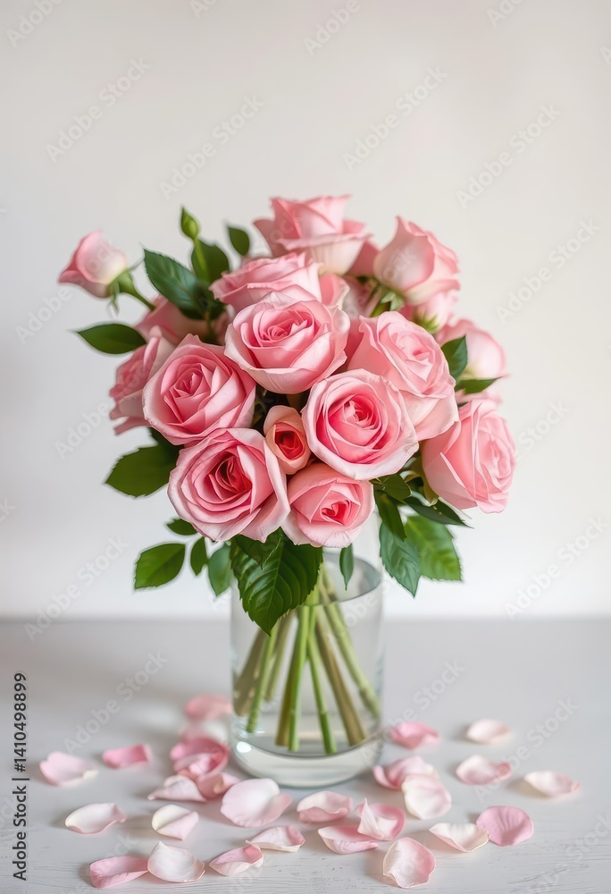 Obraz premium Organic bouquet of blush pink bouquet roses and loose petals in a clear glass vase, delicate, beauty, flower photography