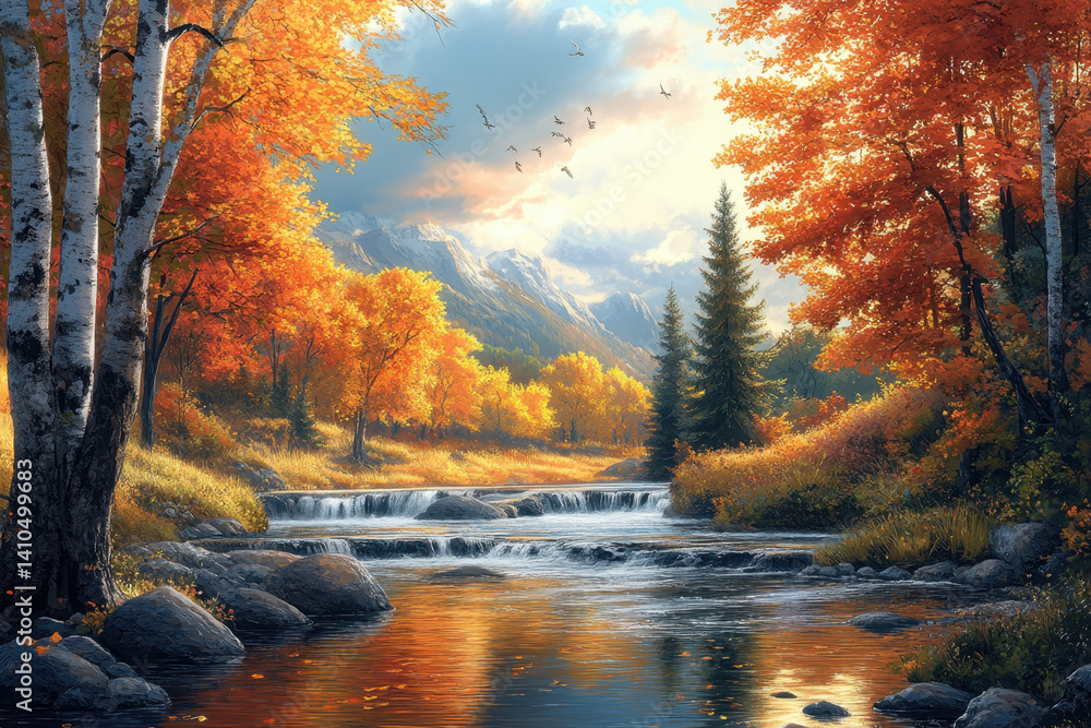 Obraz premium Painting: Serene river flows through lush forest, capturing nature's tranquility.
