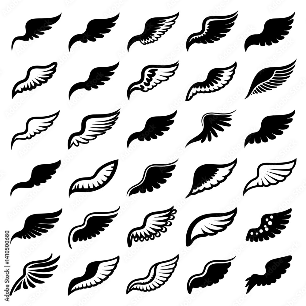 Obraz premium Black wings silhouette vector set, the wings set is ideal for logo, emblem, badge design.