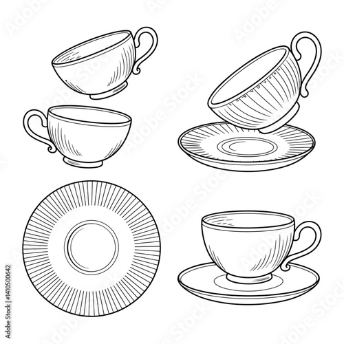 Coloring page. Tea couple. Cup and saucer. Black line. Hand drawing picture.