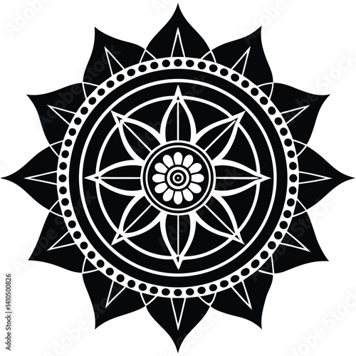 Circular mandala artwork in spiritual Tibetan style with detailed line work