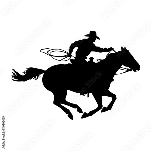 A vector silhouette of a wild west cowboy riding a running horse with a rope