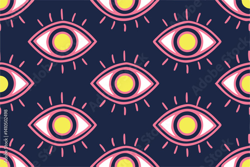 Repeating Psychedelic Eye Pattern Pink, Yellow, Dark Blue Background
