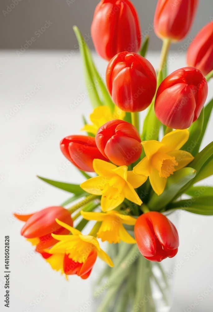 Obraz premium Vibrant red tulips & yellow daffodils in a clear glass vase, photography, decoration, vase arrangement