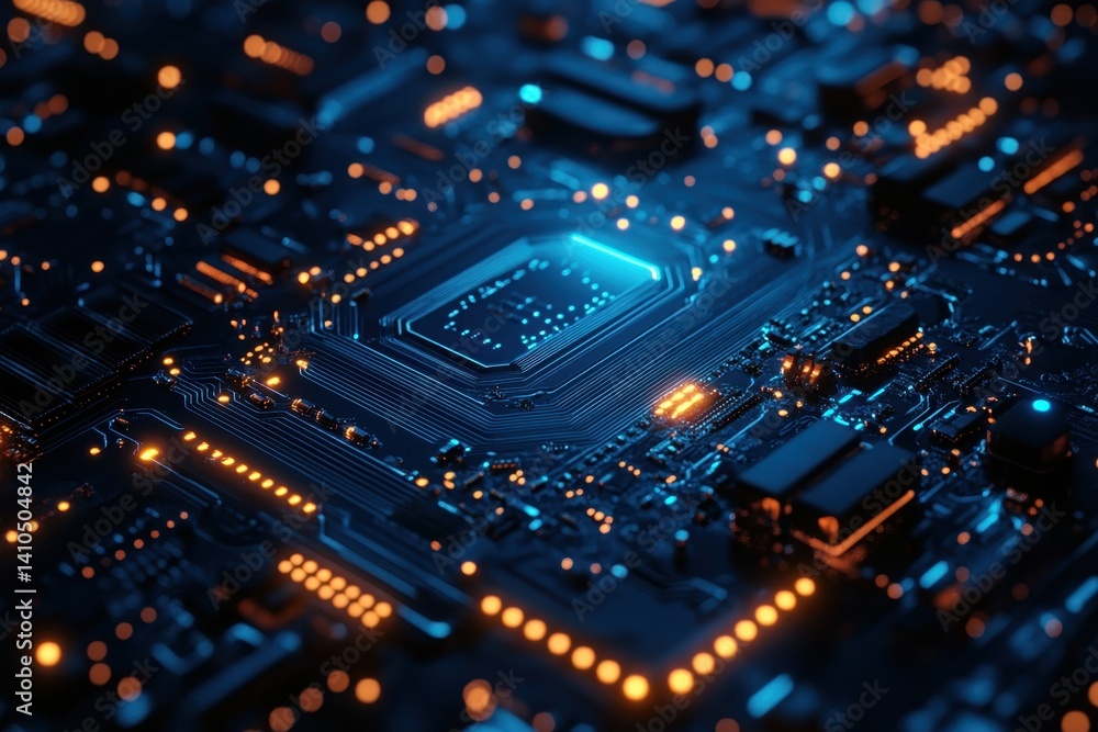 Close-up of a vibrant blue-lit circuit board showcasing intricate technology components at night Close-up of a vibrant blue-lit circuit board showcasing intricate technology components at night