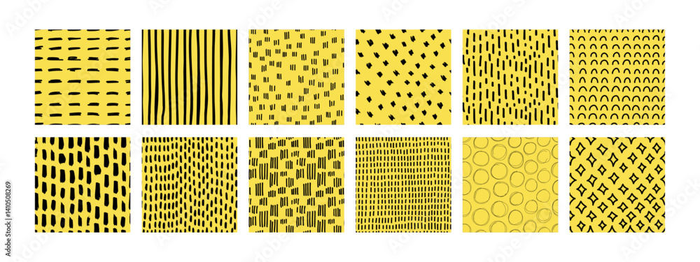 Small dash pattern collection. Hand-drawn abstract seamless patterns with lines, dots, and geometric shapes on a yellow background. Perfect for fabric, wrapping paper, and modern design.