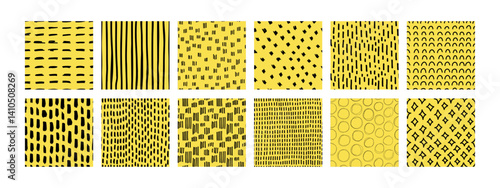 Small dash pattern collection. Hand-drawn abstract seamless patterns with lines, dots, and geometric shapes on a yellow background. Perfect for fabric, wrapping paper, and modern design.