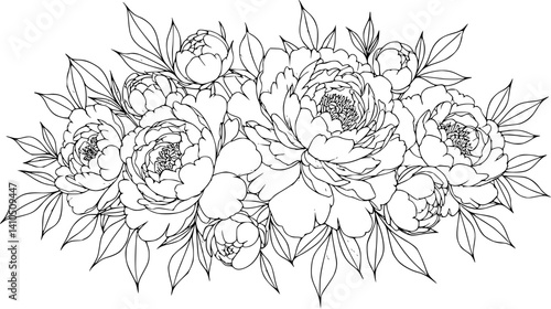 Big set of peony flowers and leaves for making tattoo compositions. Black linear illustration isolated on a white background.
