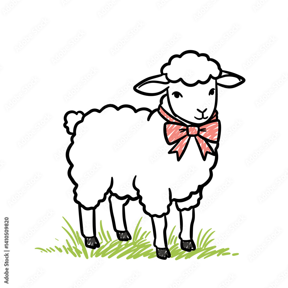 Cute sheep with pink bow standing on green grass Cute sheep with pink bow standing on green grass