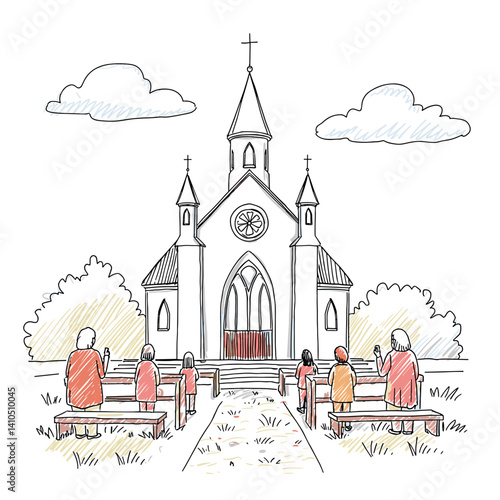 People praying in front of an illustrated church