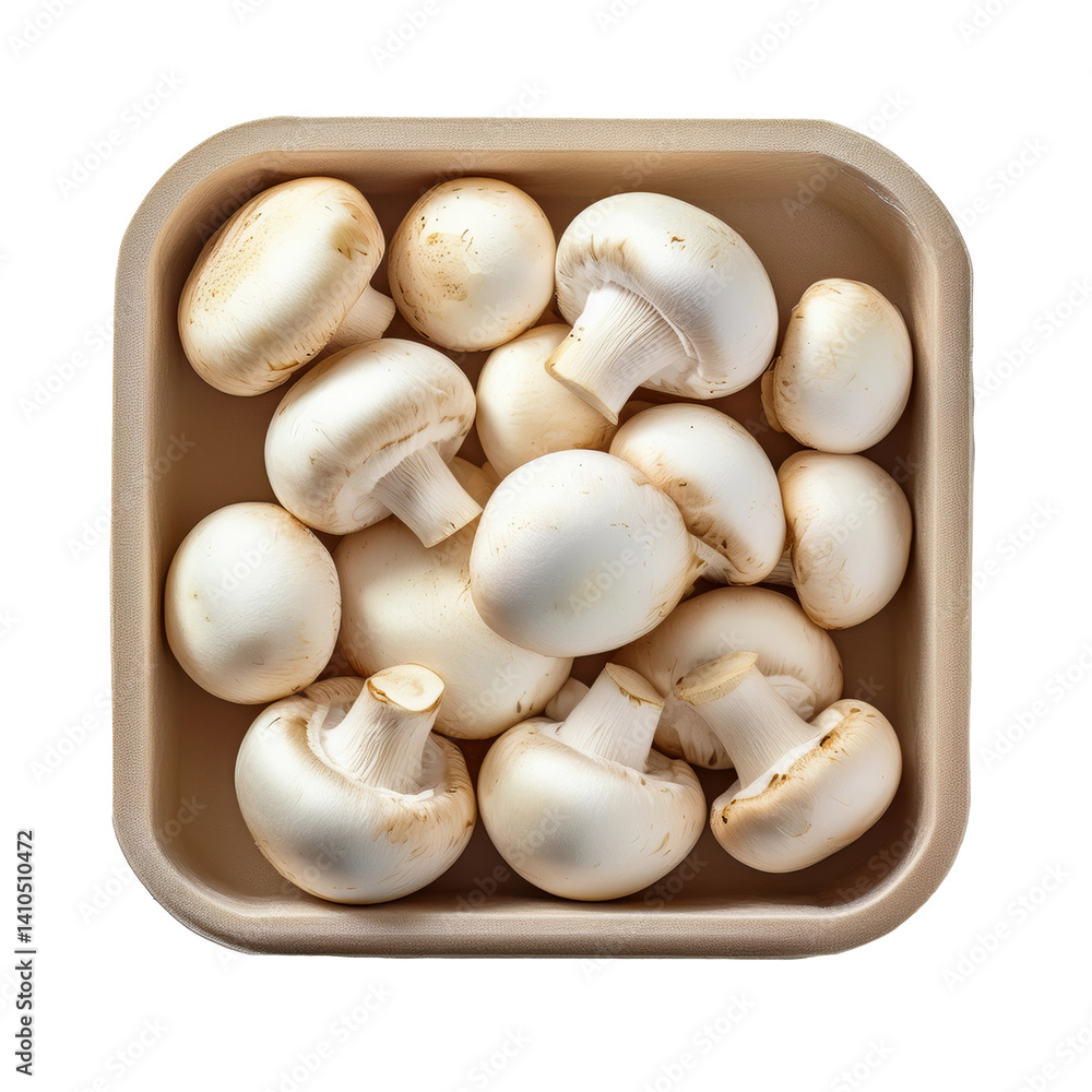 Fresh White Mushrooms in a Biodegradable Container for Cooking and Recipes on transparent background Fresh White Mushrooms in a Biodegradable Container for Cooking and Recipes on transparent background