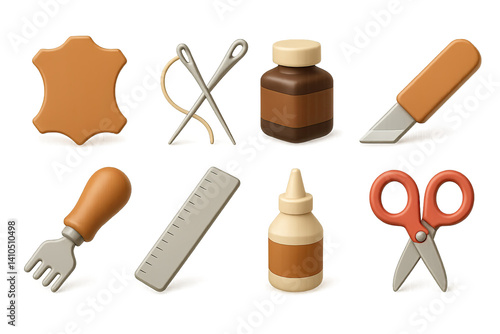 3D icon set of leatherworking tools: leather, stitching needles, leather dye, craft knife, hole punch, ruler, leather glue, scissors. 3d icon