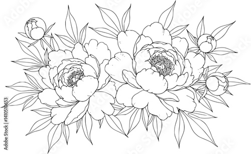 Big set of peony flowers and leaves for making tattoo compositions. Black linear illustration isolated on a white background.