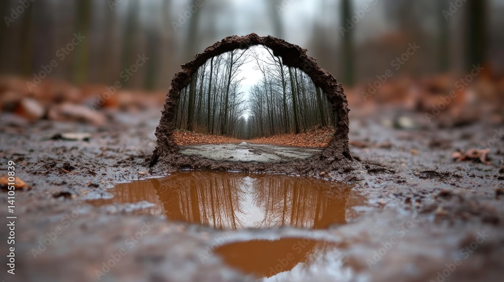 Fototapeta premium A forest puddle reflecting a deep abyss instead of the treetops