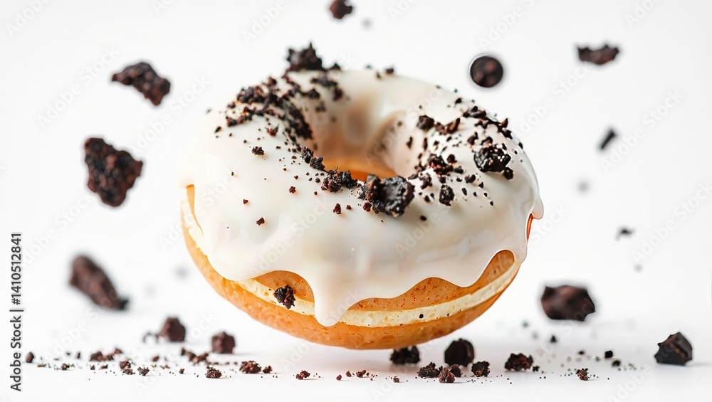 Fototapeta premium Delectable White Chocolate Donut with Cookie Crumbs, Falling in Mid-Air