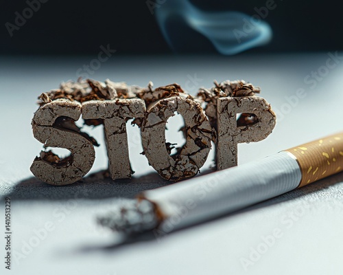 Wallpaper Mural A cigarette lies beside the word "STOP," composed of tobacco, symbolizing a strong anti-smoking message. Torontodigital.ca