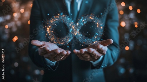 Circular economy with infinite concept. Business man showing arrow infinity symbol and future background. Graph showing the earnings, profits of business shares in good feedback. Heart of economics.