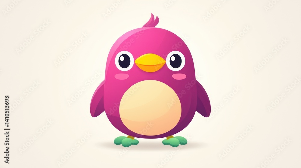Fototapeta premium Cute cartoon pink penguin, front view, simple background, children's book illustration, possible use for kids' product