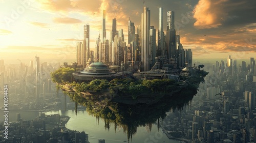 Fototapeta Naklejka Na Ścianę i Meble -  A futuristic utopia in one half of the image, while the other side is a crumbling dystopia of neglect.