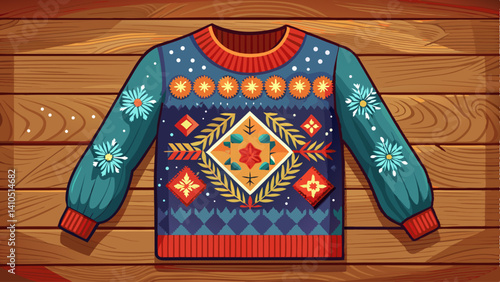 A knitted sweater with a beautiful ornament on a wooden table. Top view.