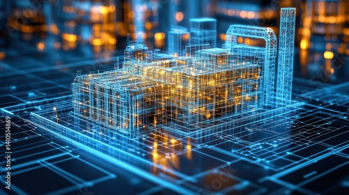 Digital factory blueprint, glowing wireframe