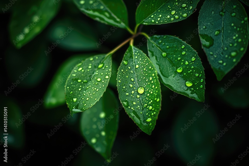Close-up of vibrant green leaves covered in morning dew Close-up of vibrant green leaves covered in morning dew
