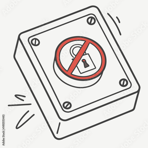 Illustration of a security alarm with a lock prohibition symbol on light background, outline style, copy space