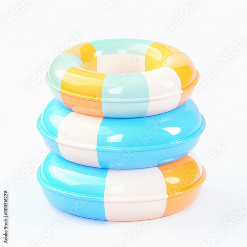 Colorful pool floats stacked against a white isolate background.