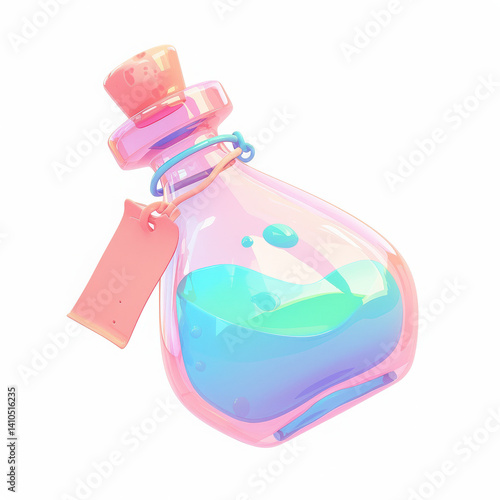 Colorful potion bottle with a transparent design and tag, white isolate background.