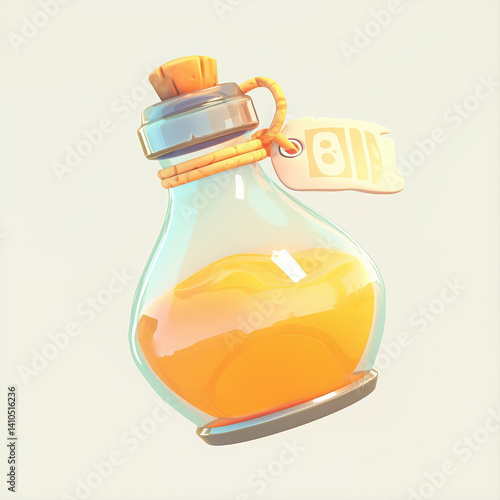 Colorful potion bottle with a cork, vibrant orange liquid inside, isolated background.