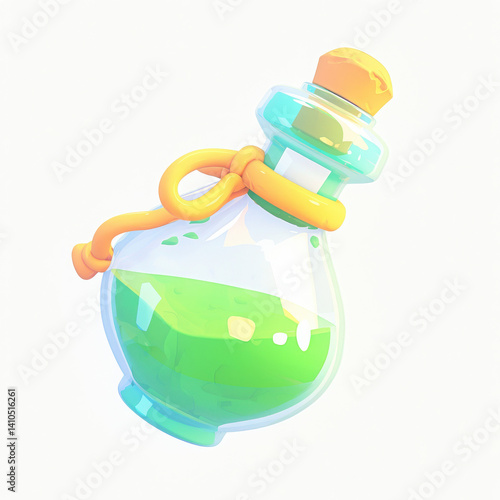 Colorful potion bottle with a twist cap, vibrant green liquid, isolated on white background.