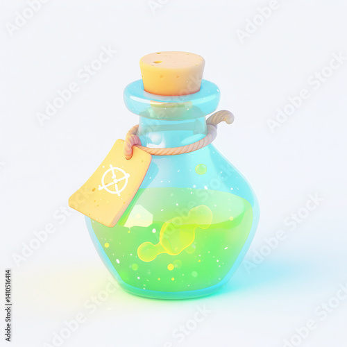 Colorful potion in a glass bottle with a cork on a white isolated background.