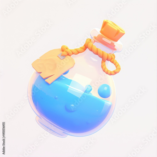 Colorful potion in a glass bottle with a tag, white isolated background.