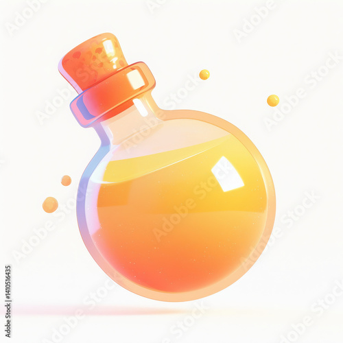 Colorful potion in a round bottle, vibrant and translucent, on a white background.