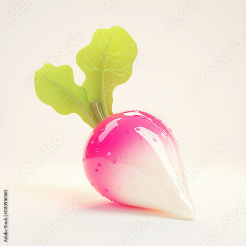 Colorful radish with green leaves, glossy and fresh appearance.