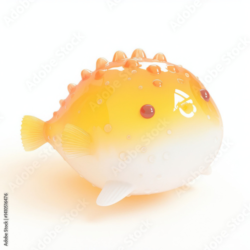 Colorful puffer fish toy, smooth texture, vibrant orange and white, white isolate background.