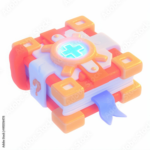 Colorful, glowing magic book with a whimsical design against a white background.
