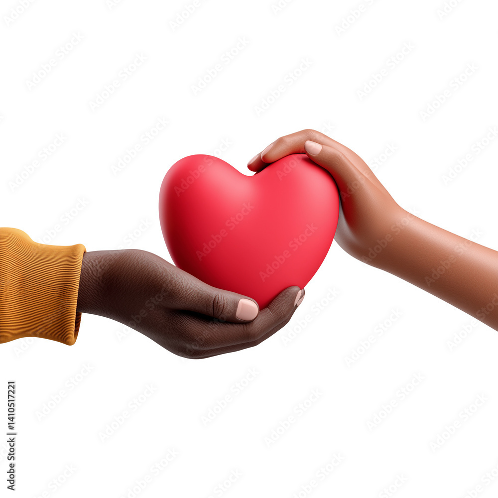 Obraz premium Hands exchanging a red heart symbolizing love and connection between diverse individuals on white or transparent background