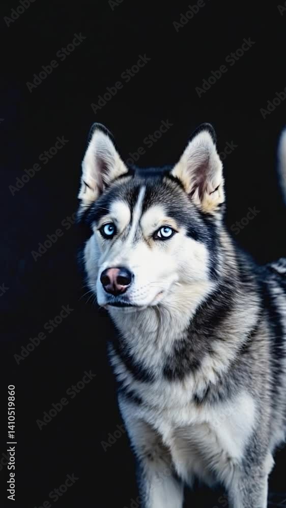 Portrait of a husky dog against black background, potential use in pet care or animal-related materials Portrait of a husky dog against black background, potential use in pet care or animal-related materials