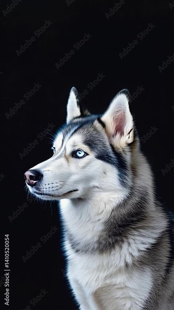 Studio portrait of a husky dog, captivating gaze, black background, potential use for animal lovers or dog breed publications Studio portrait of a husky dog, captivating gaze, black background, potential use for animal lovers or dog breed publications