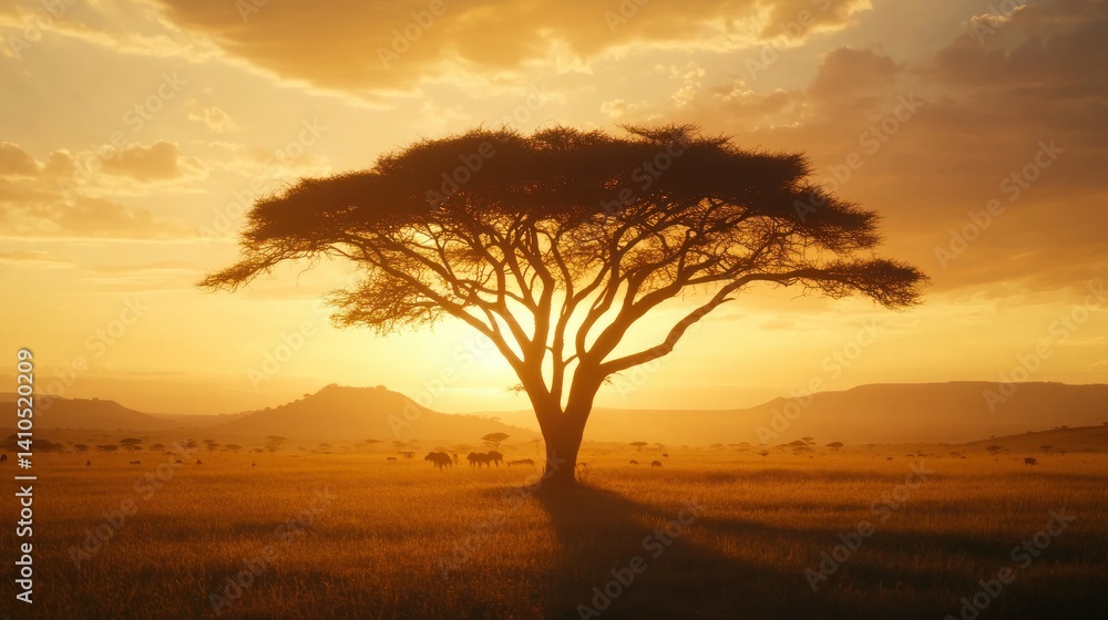 A solitary tree stands silhouetted against the golden sunset landscape A solitary tree stands silhouetted against the golden sunset landscape
