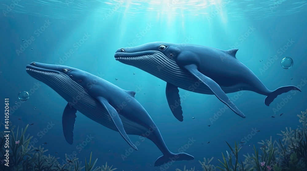 Obraz premium Illustration of family blue whale under water, ocean - Generative AI