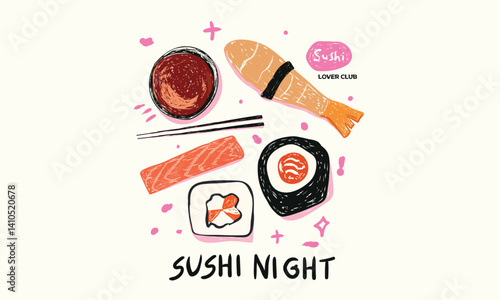 Sushi t shirt artwork. Sushi love club artwork for t shirt print, poster, sticker and other uses. Time foe sushi. Food love club art.